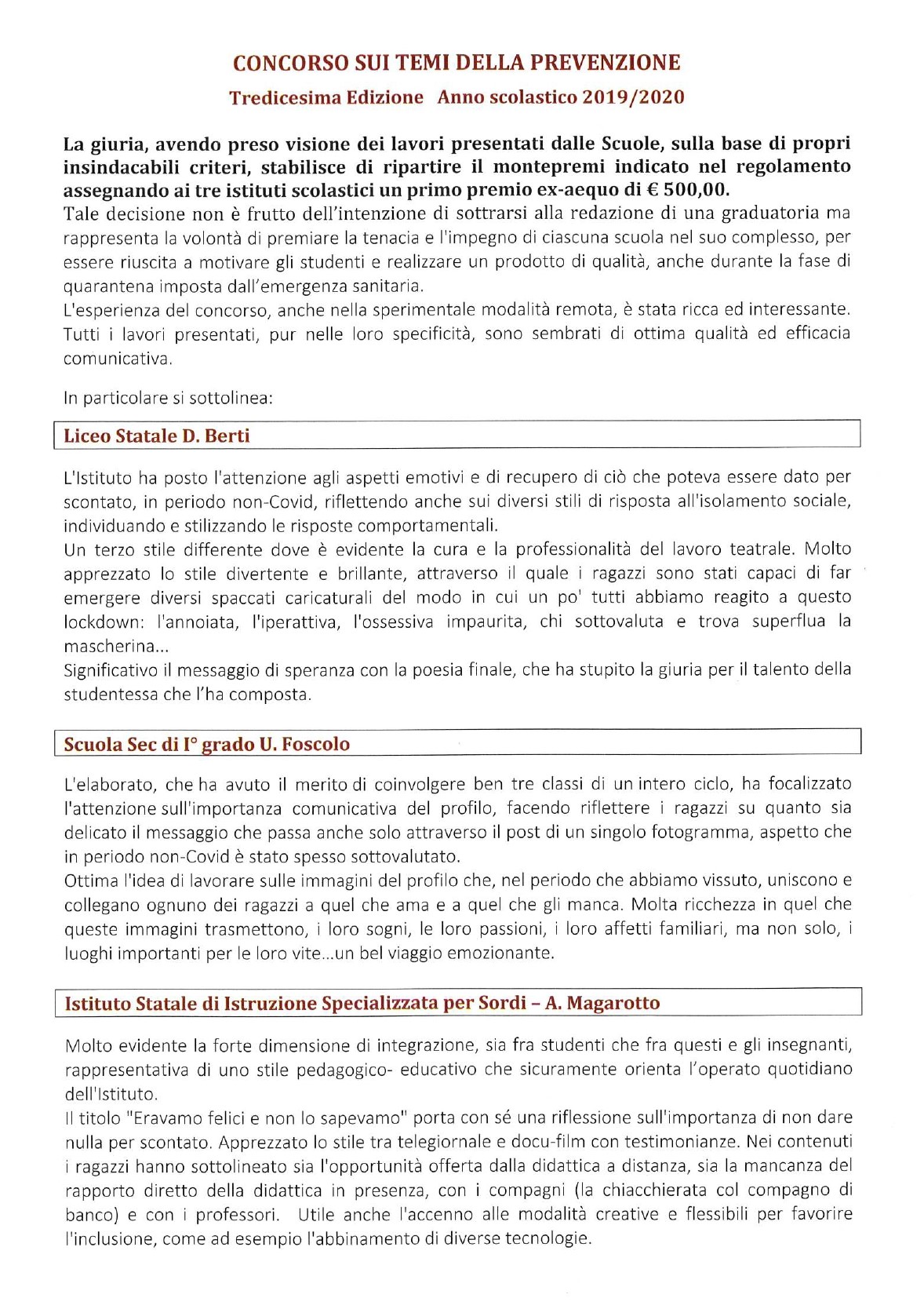 Esito concorso sui temi della Prevenzione Educatorio della Provvidenza e Asl Città di Torino